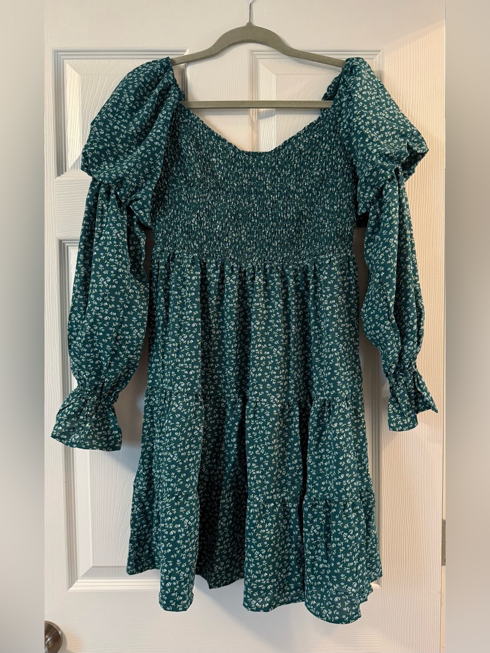 Green Floral Smocked Tiered Dress with Puff Sleeves
